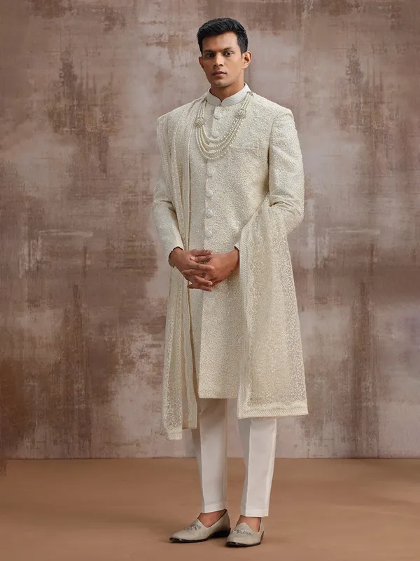 Cream lucknowi georgette sherwani with dupatta for wedding