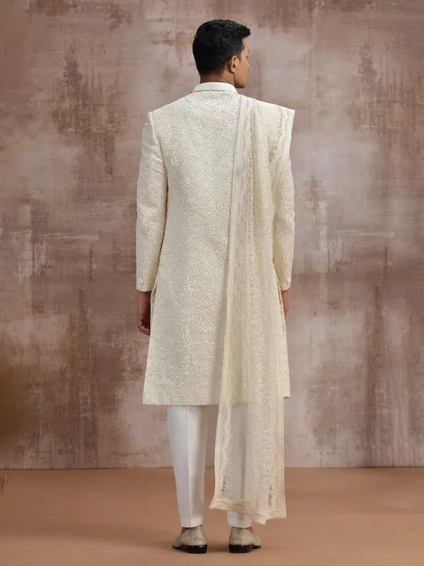 Cream lucknowi georgette sherwani with dupatta for wedding