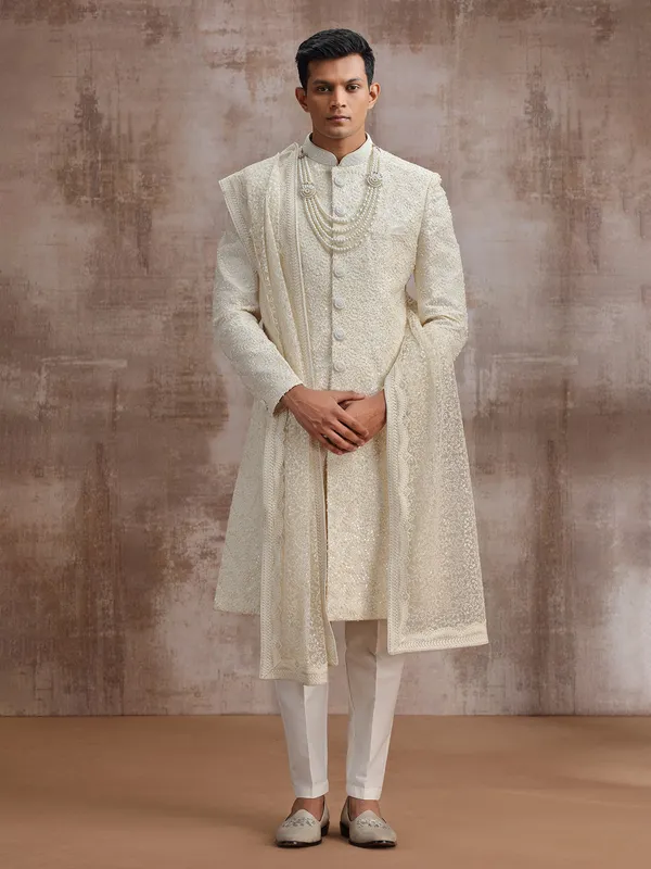 Cream lucknowi georgette sherwani with dupatta for wedding