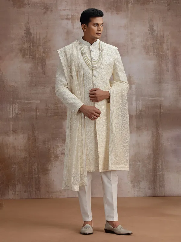 Cream lucknowi georgette sherwani with dupatta for wedding