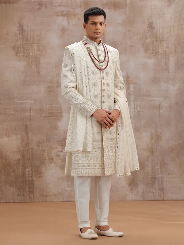 Cream lucknowi georgette sherwani with dupatta wedding