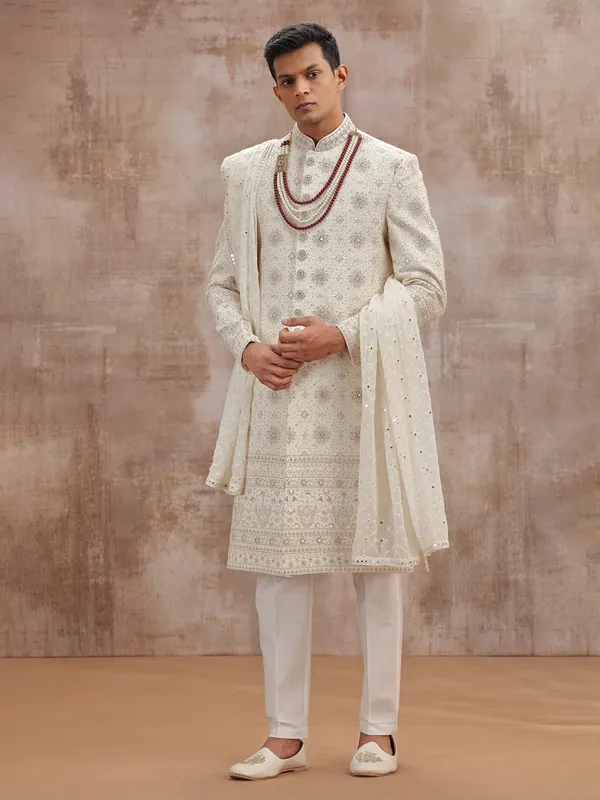 Cream lucknowi georgette sherwani with dupatta wedding