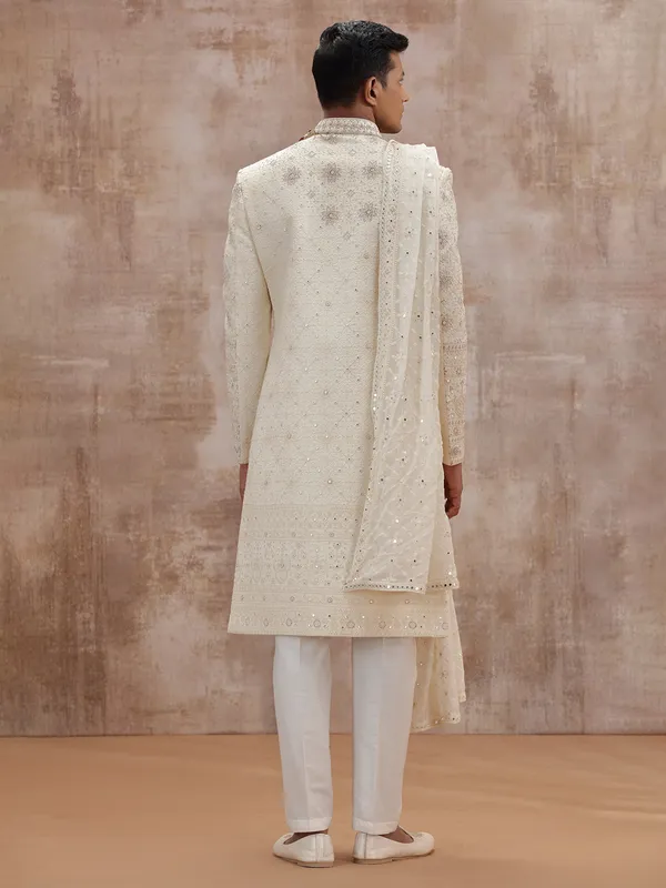Cream lucknowi georgette sherwani with dupatta wedding