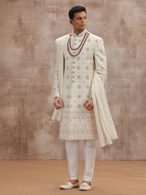 Cream lucknowi georgette sherwani with dupatta wedding