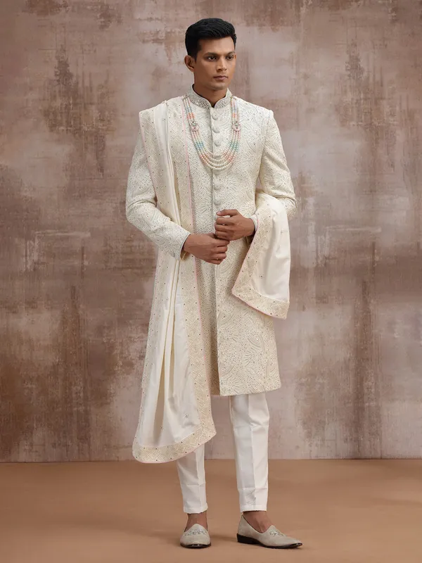 Cream lucknowi georgette wedding sherwani with dupatta