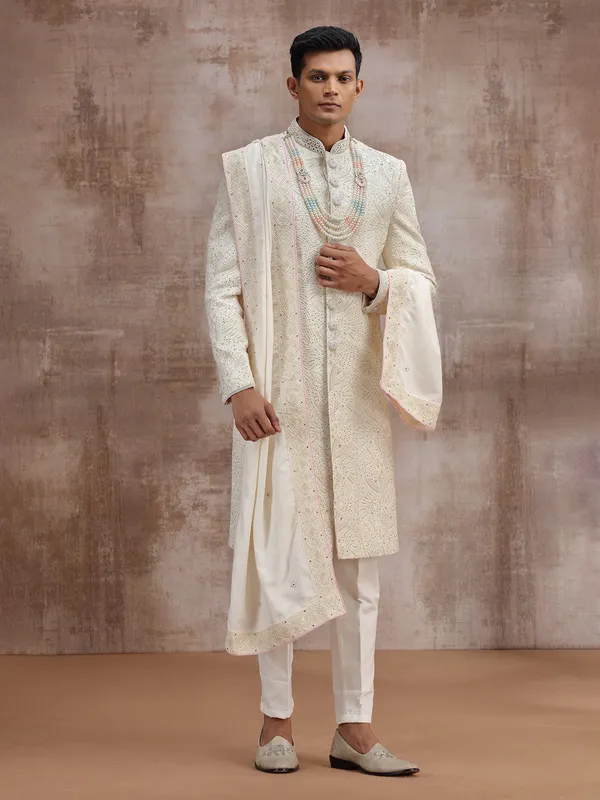 Cream lucknowi georgette wedding sherwani with dupatta