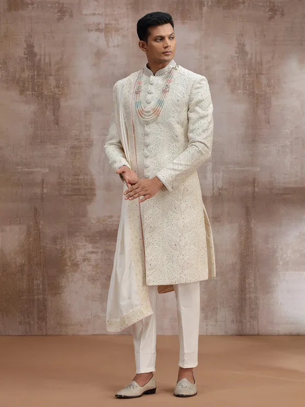 Cream lucknowi georgette wedding sherwani with dupatta