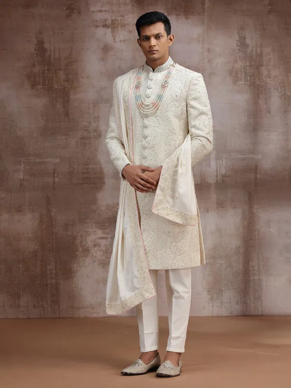 Cream lucknowi georgette wedding sherwani with dupatta