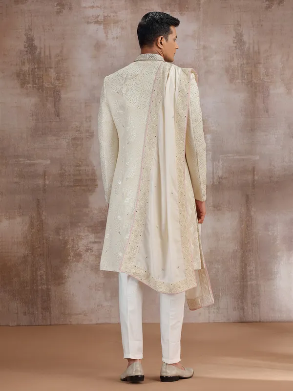 Cream lucknowi georgette wedding sherwani with dupatta