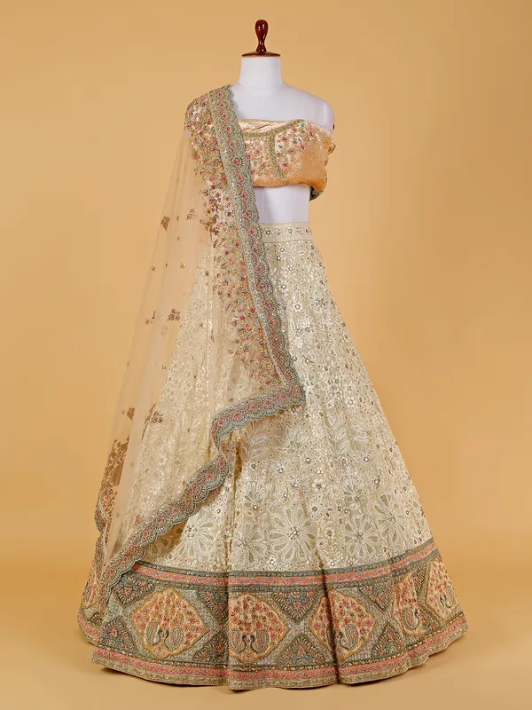 Cream lucknowi unstitched lehenga choli