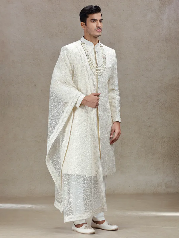 Cream lux traditional wedding sherwani attire