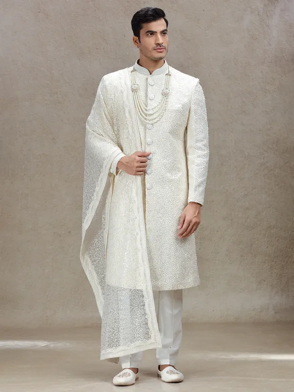 Cream lux traditional wedding sherwani attire
