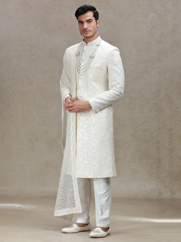 Cream lux traditional wedding sherwani attire
