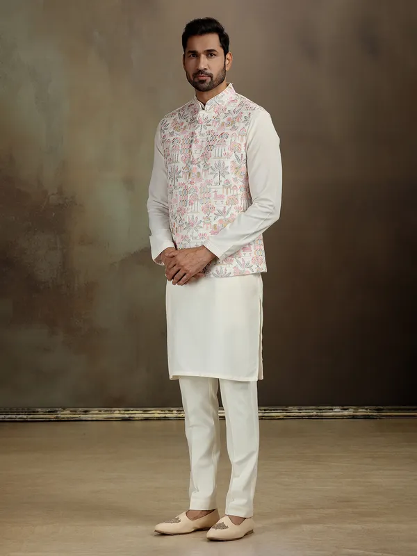 Cream men waistcoat set in raw silk
