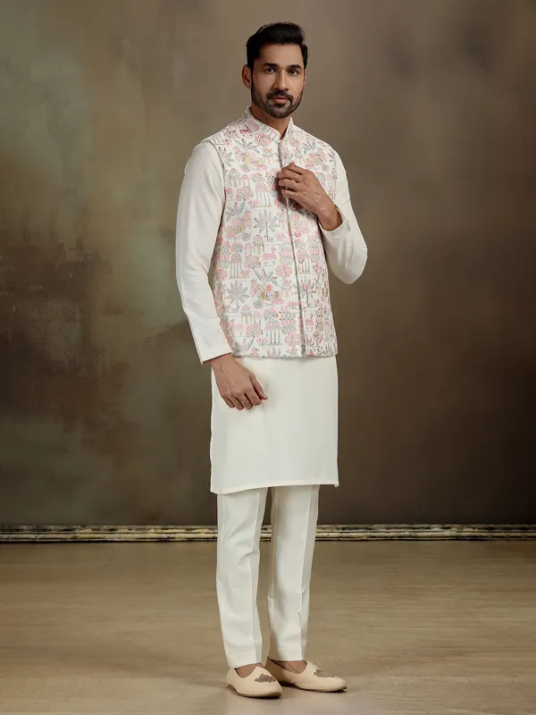 Cream men waistcoat set in raw silk