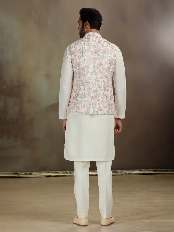 Cream men waistcoat set in raw silk
