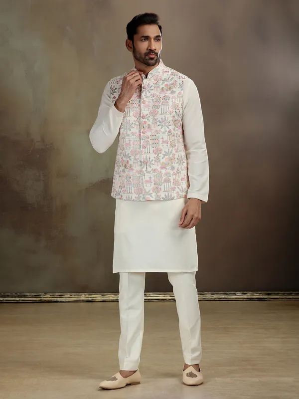 Cream men waistcoat set in raw silk
