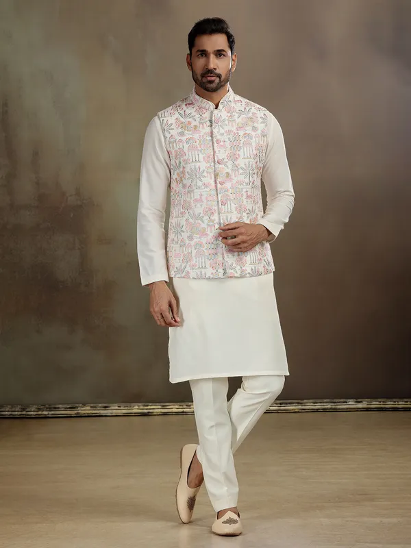Cream men waistcoat set in raw silk