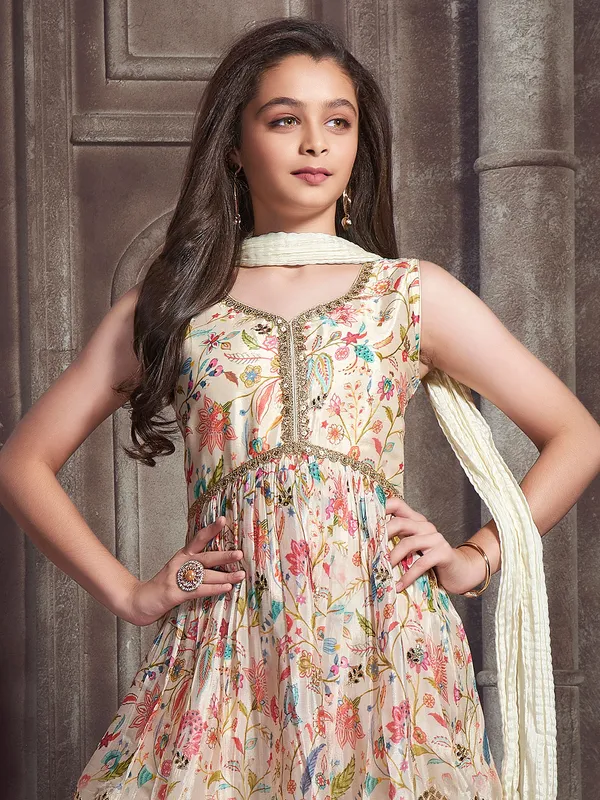 Cream muslin silk printed sharara suit
