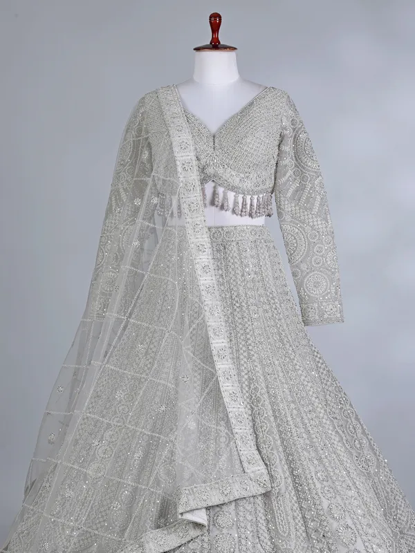 Cream net embellished lehenga choli for wedding wear