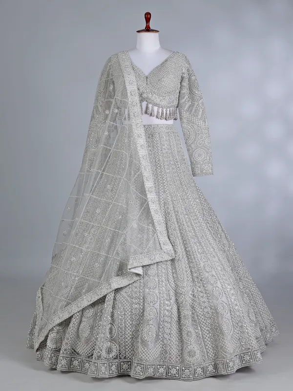 Cream net embellished lehenga choli for wedding wear
