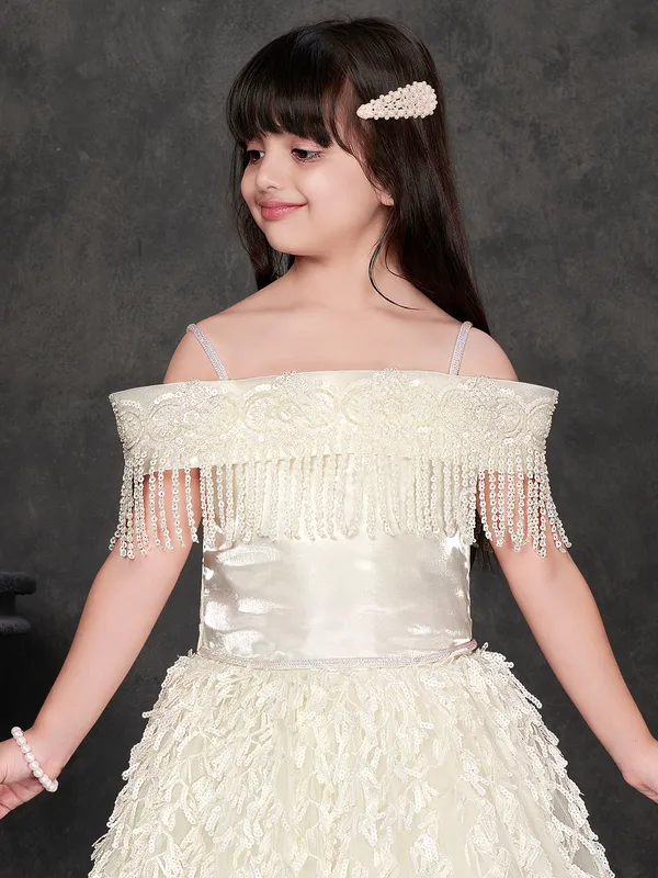 Cream net gown for girls with sequins work