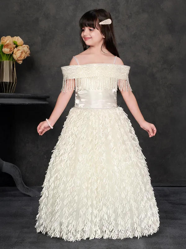 Cream net gown for girls with sequins work