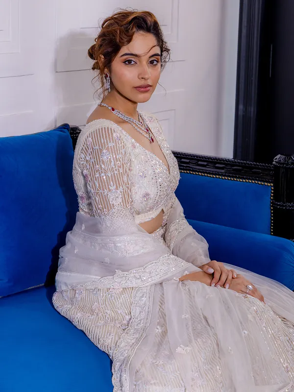 Cream net lehenga choli with thread work