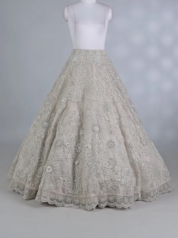 Cream net sweetheart neck lehenga choli with dupatta