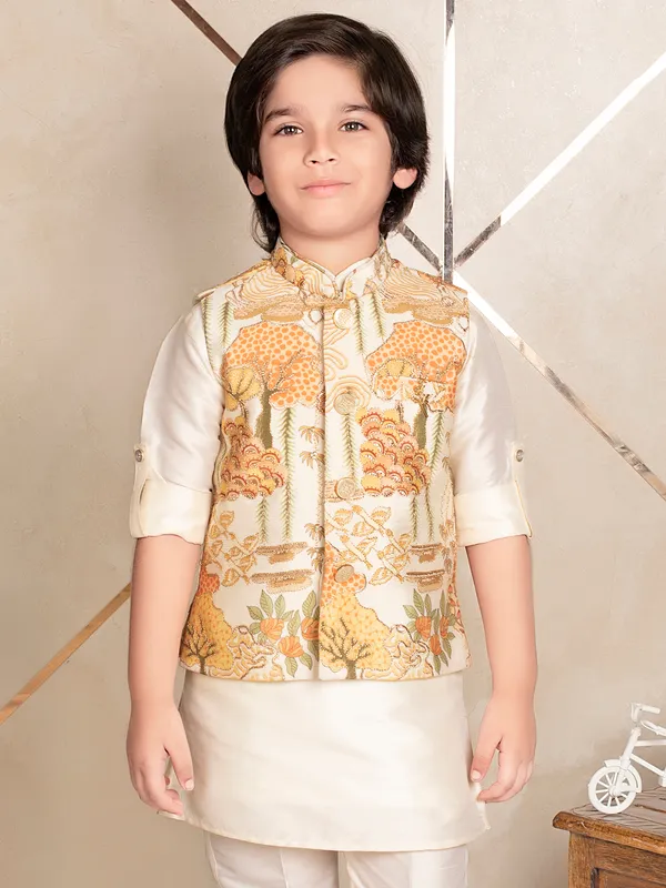 Cream new premium silk festive wear waistcoat set for boys