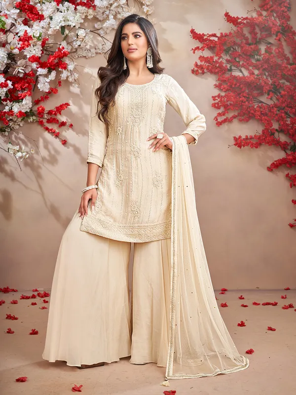 Cream pakistani chiffon palazzo suit