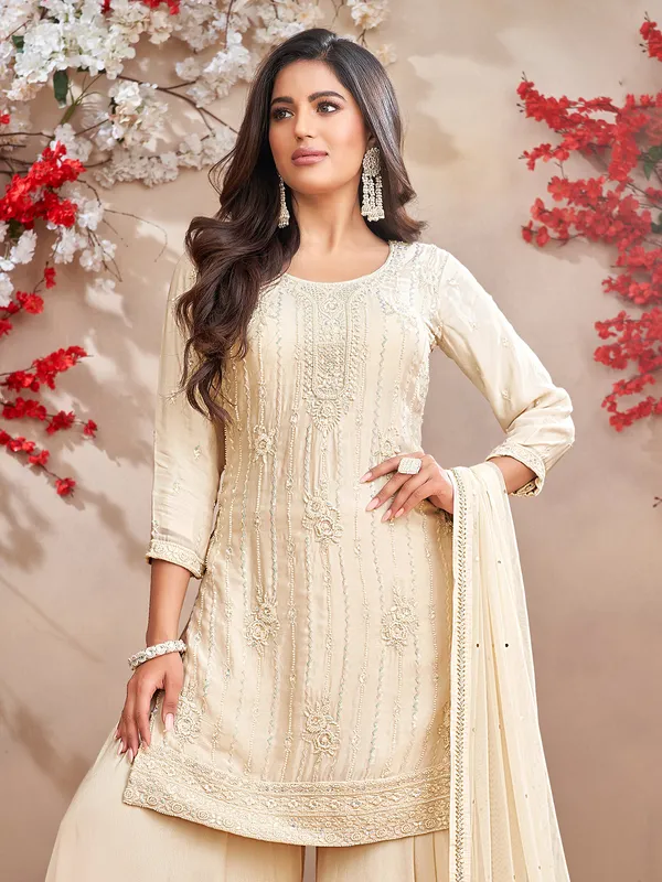 Cream pakistani chiffon palazzo suit