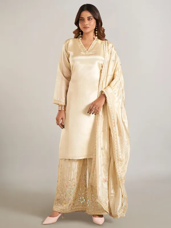 Cream pakistani silk palazzo suit for festival