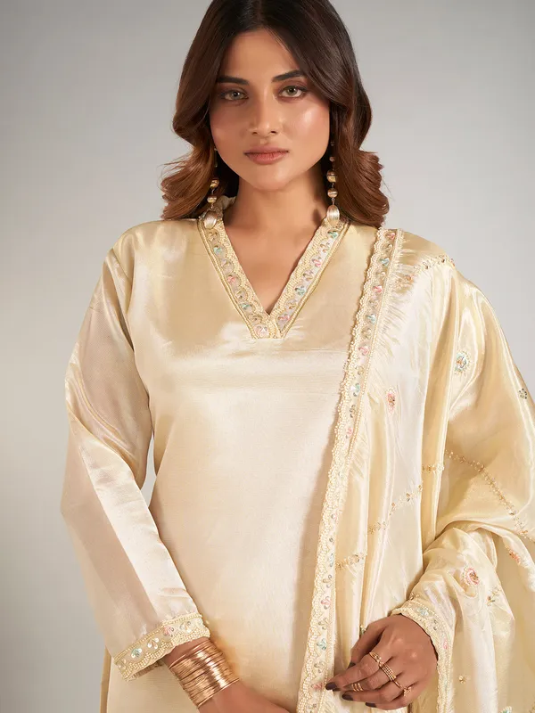Cream pakistani silk palazzo suit for festival