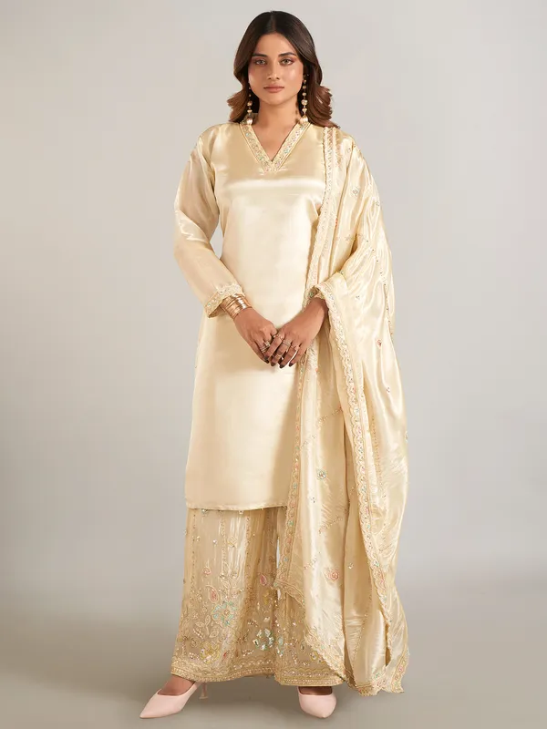 Cream pakistani silk palazzo suit for festival