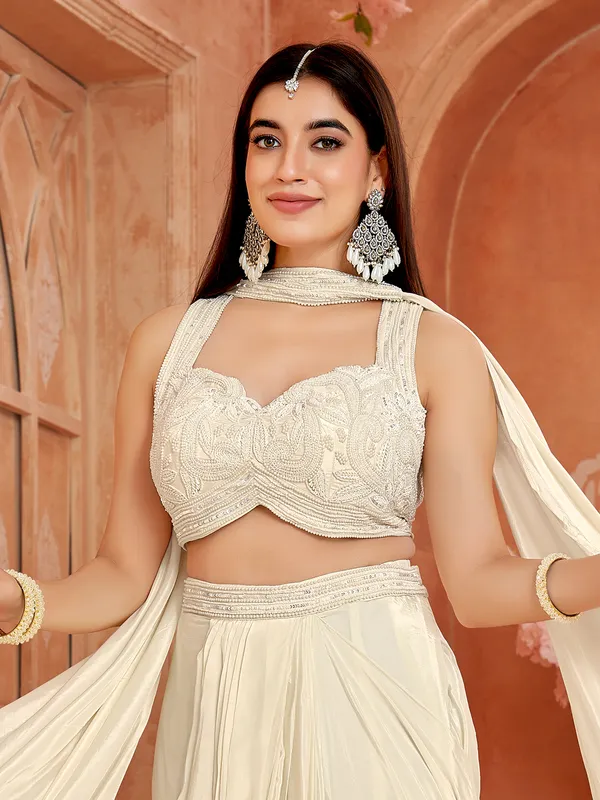 Cream party wear silk women indowestern suit