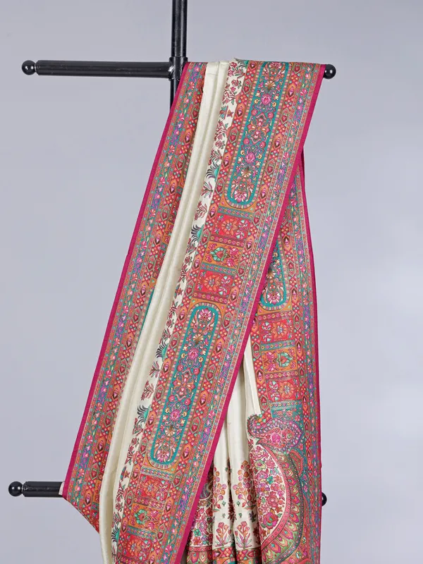 Cream pashmina silk saree with zari work