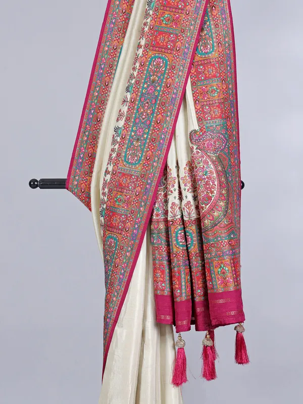 Cream pashmina silk saree with zari work