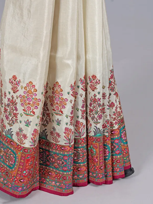 Cream pashmina silk saree with zari work