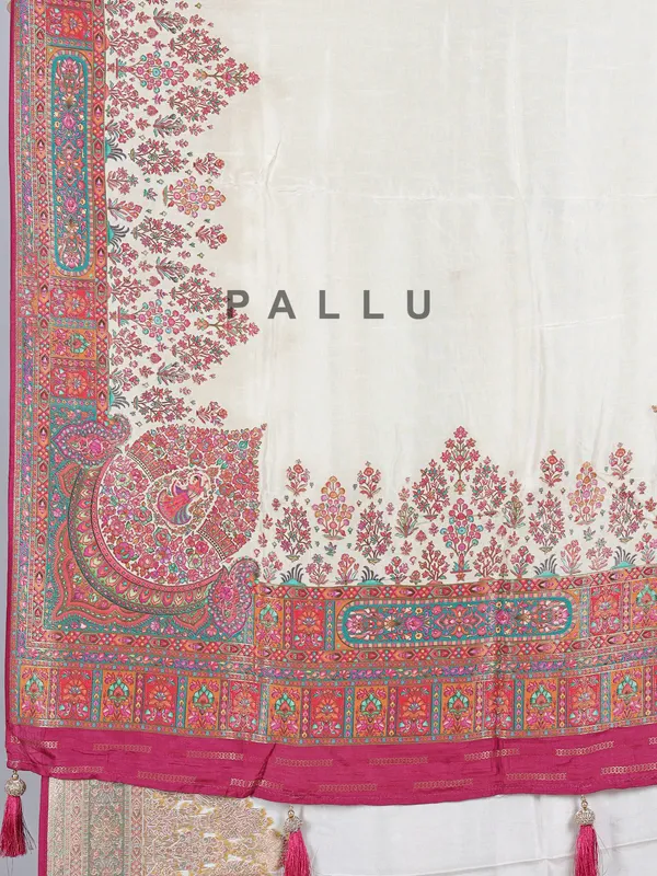 Cream pashmina silk saree with zari work