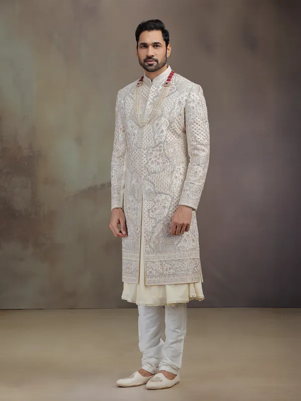 Cream peshwai silk sherwani for groom