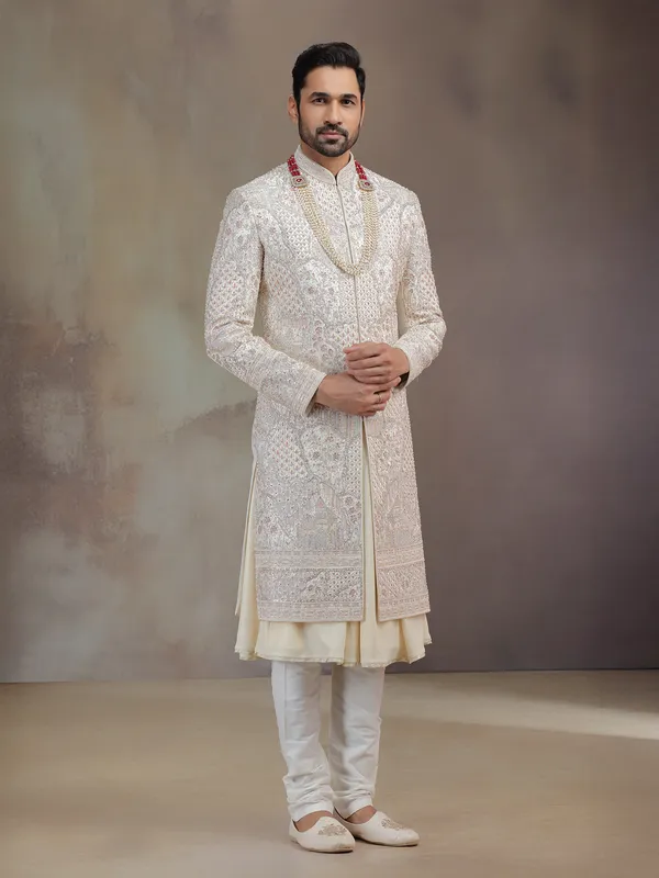 Cream peshwai silk sherwani for groom