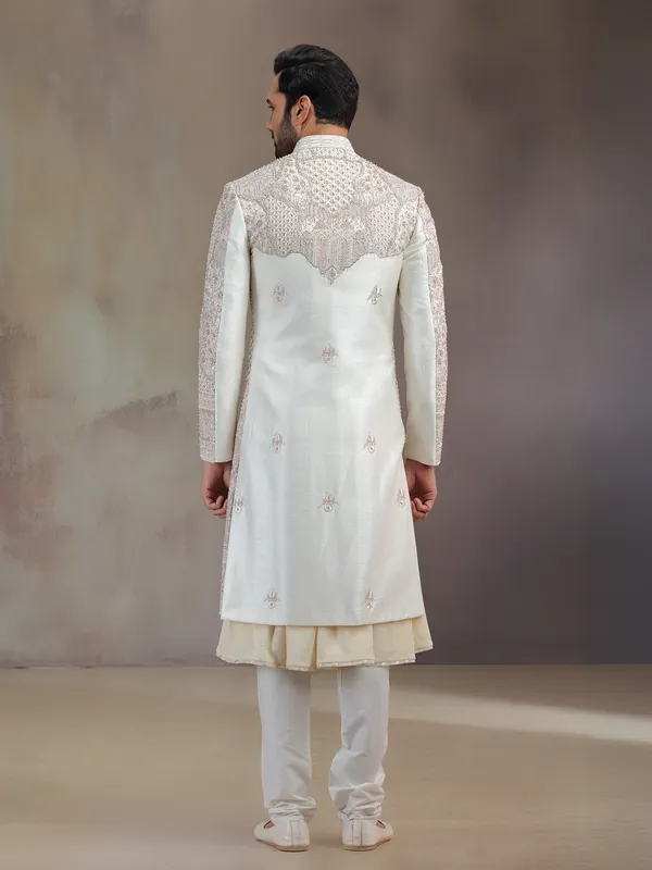 Cream peshwai silk sherwani for groom