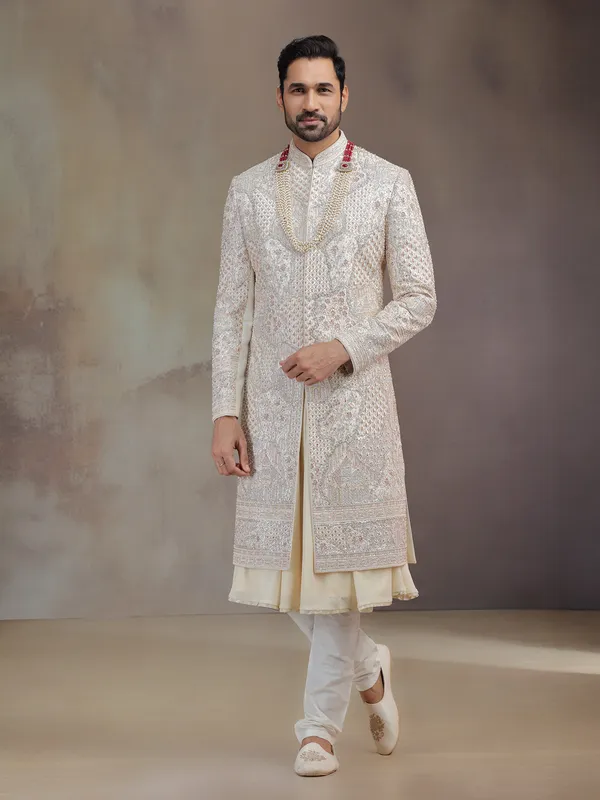 Cream peshwai silk sherwani for groom