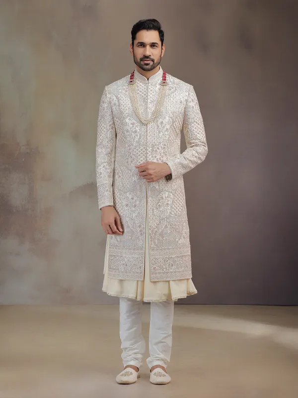 Cream peshwai silk sherwani for groom