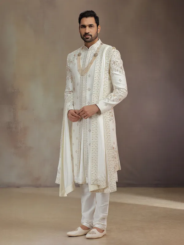 Cream peshwai silk sherwani with dupatta