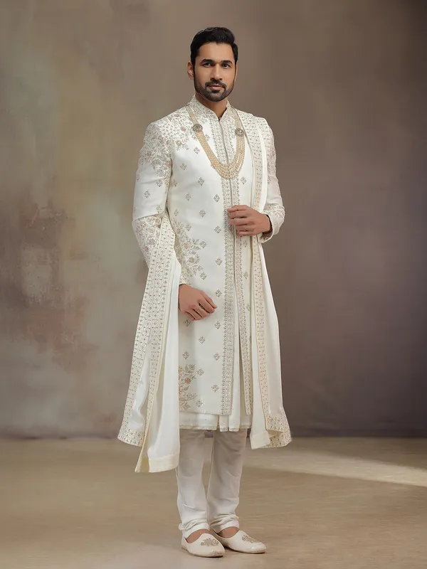 Cream peshwai silk sherwani with dupatta