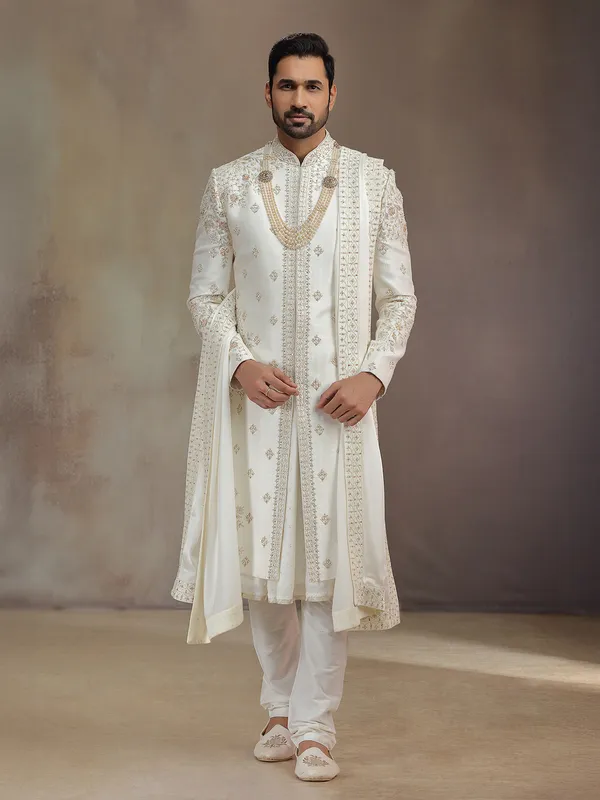 Cream peshwai silk sherwani with dupatta