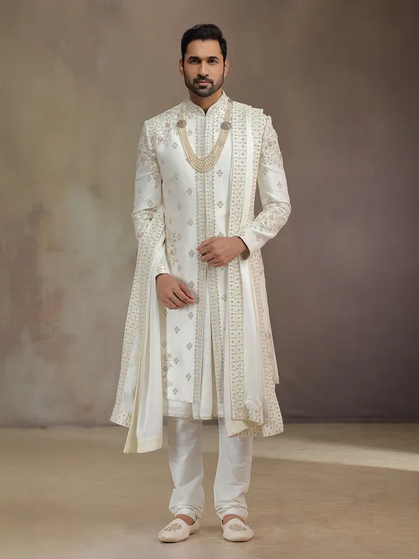 Cream peshwai silk sherwani with dupatta