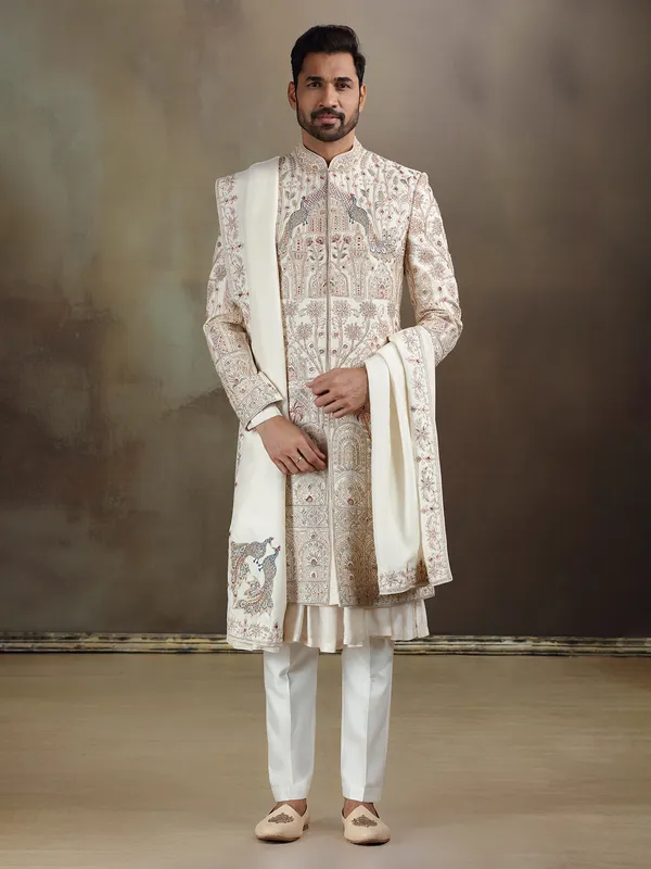 Cream peshwai style silk sherwani with dupatta